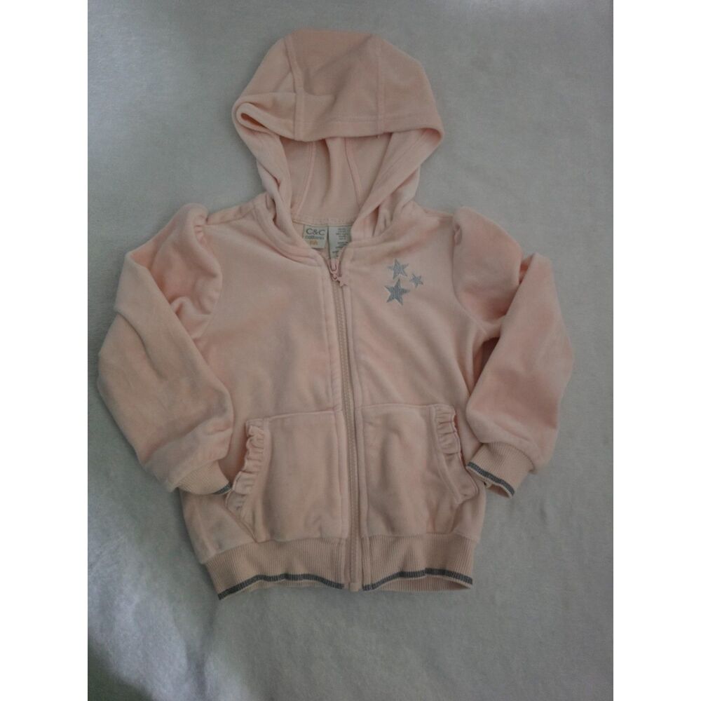 C&C California Kids Girls 3T Pink Velour Zip Up Hoodie Silver Stars